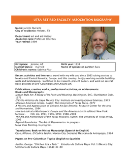Utsa Retired Faculty Association Biography
