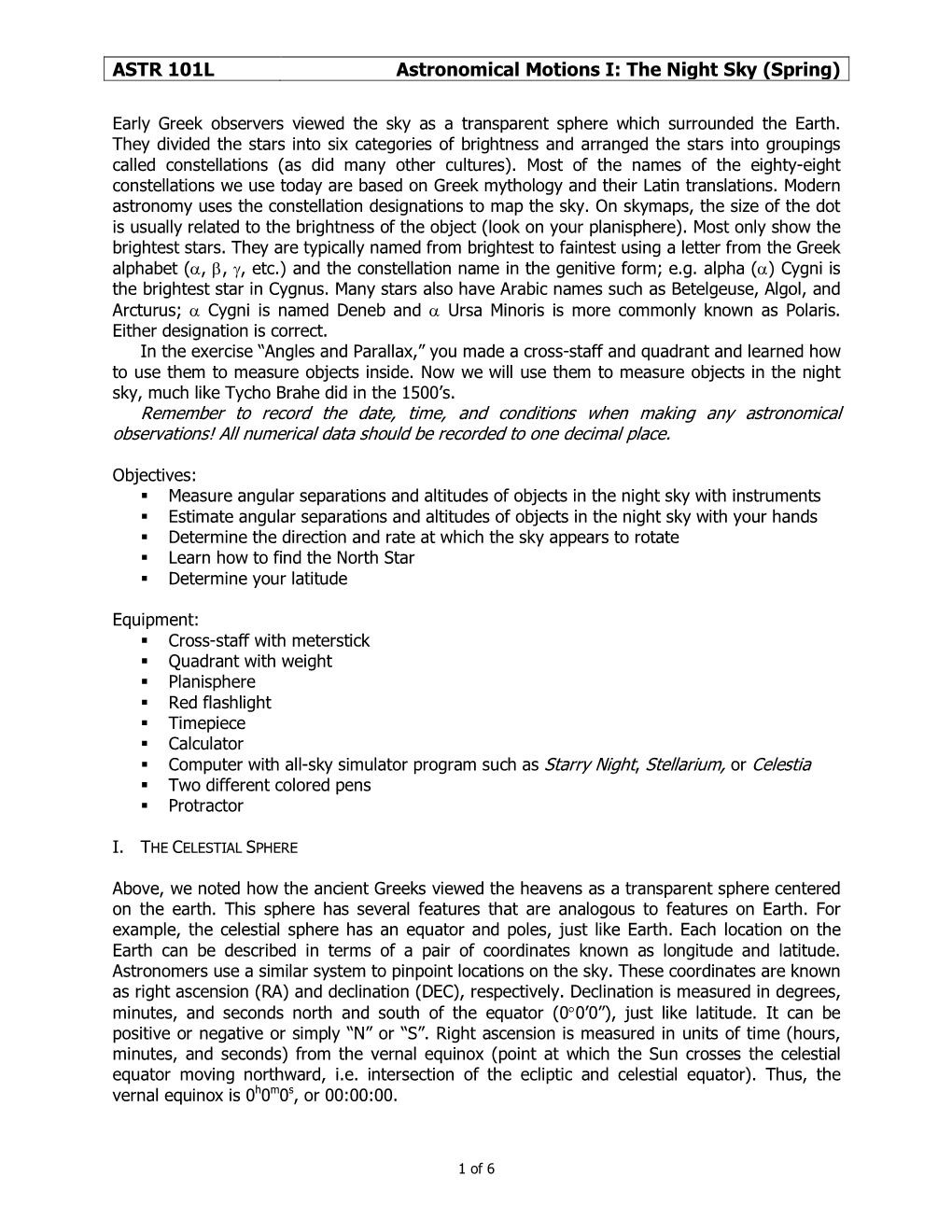 ASTR 101L Astronomical Motions I: the Night Sky (Spring)