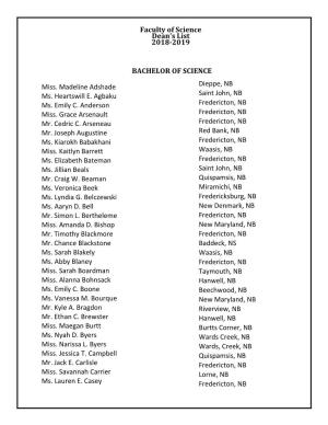 Faculty of Science Dean's List 2018-2019