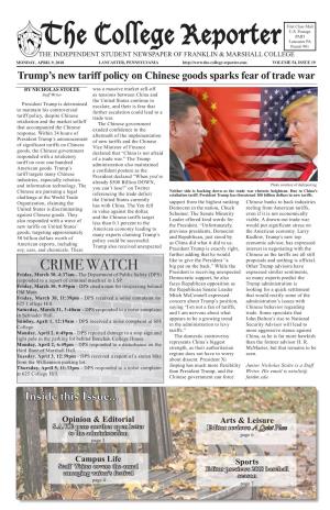 APRIL 9, 2018 LANCASTER, PENNSYLVANIA VOLUME 54, ISSUE 19 Trump’S New Tariff Policy on Chinese Goods Sparks Fear of Trade War
