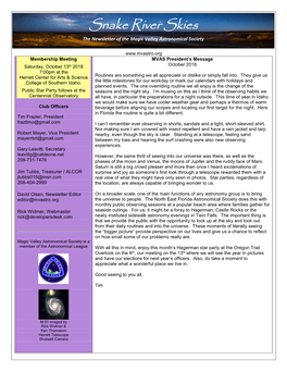 Snake River Skies the Newsletter of the Magic Valley Astronomical Society