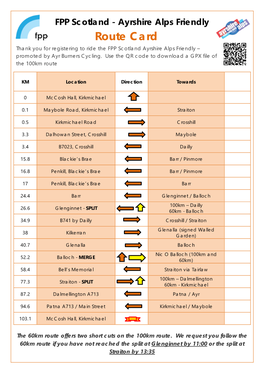 Route Card Thank You for Registering to Ride the FPP Scotland Ayrshire Alps Friendly – Promoted by Ayr Burners Cycling