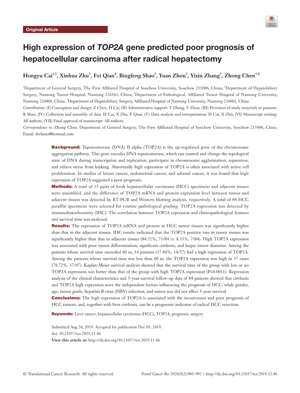 High Expression of TOP2A Gene Predicted Poor Prognosis of Hepatocellular Carcinoma After Radical Hepatectomy