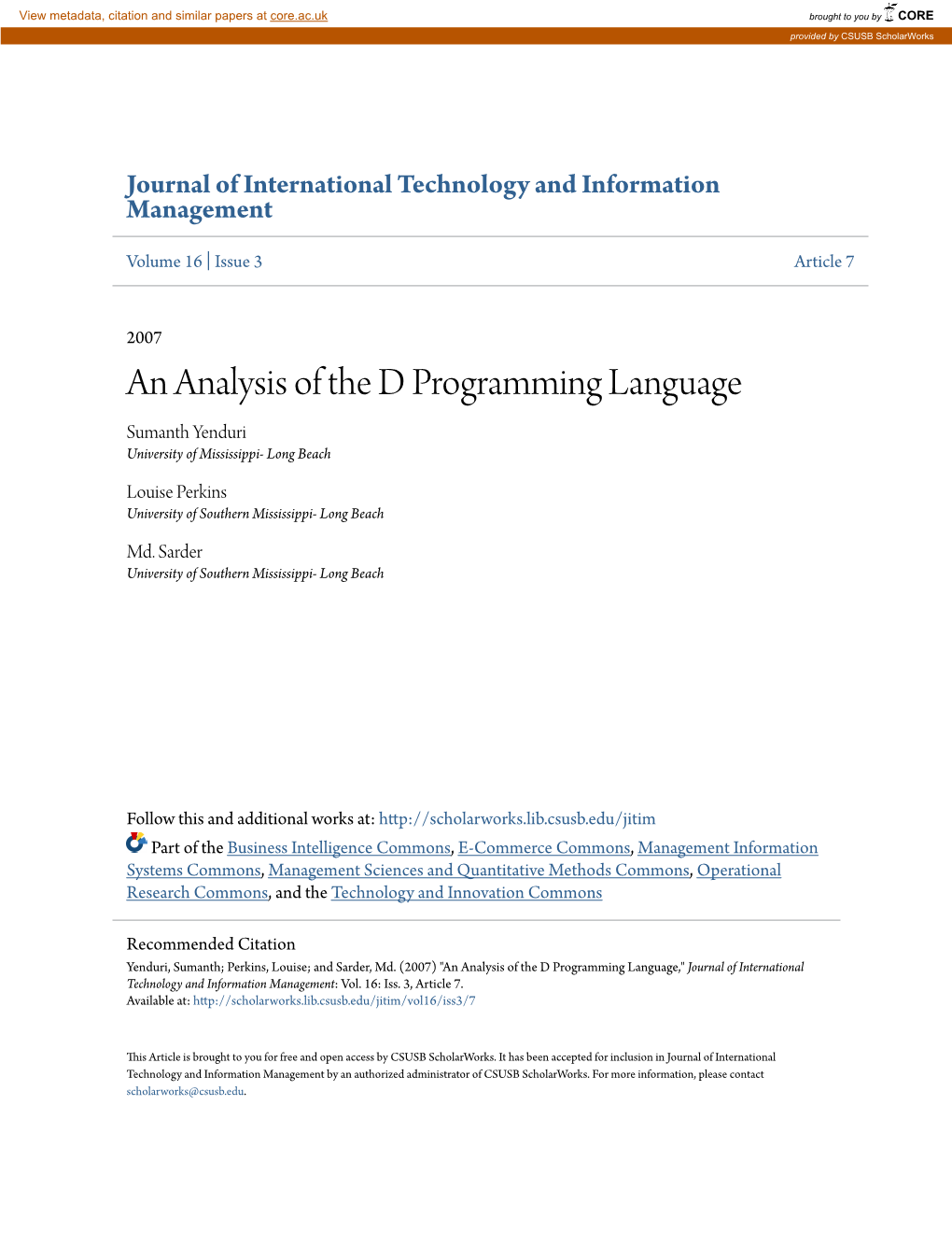 An Analysis of the D Programming Language Sumanth Yenduri University of Mississippi- Long Beach