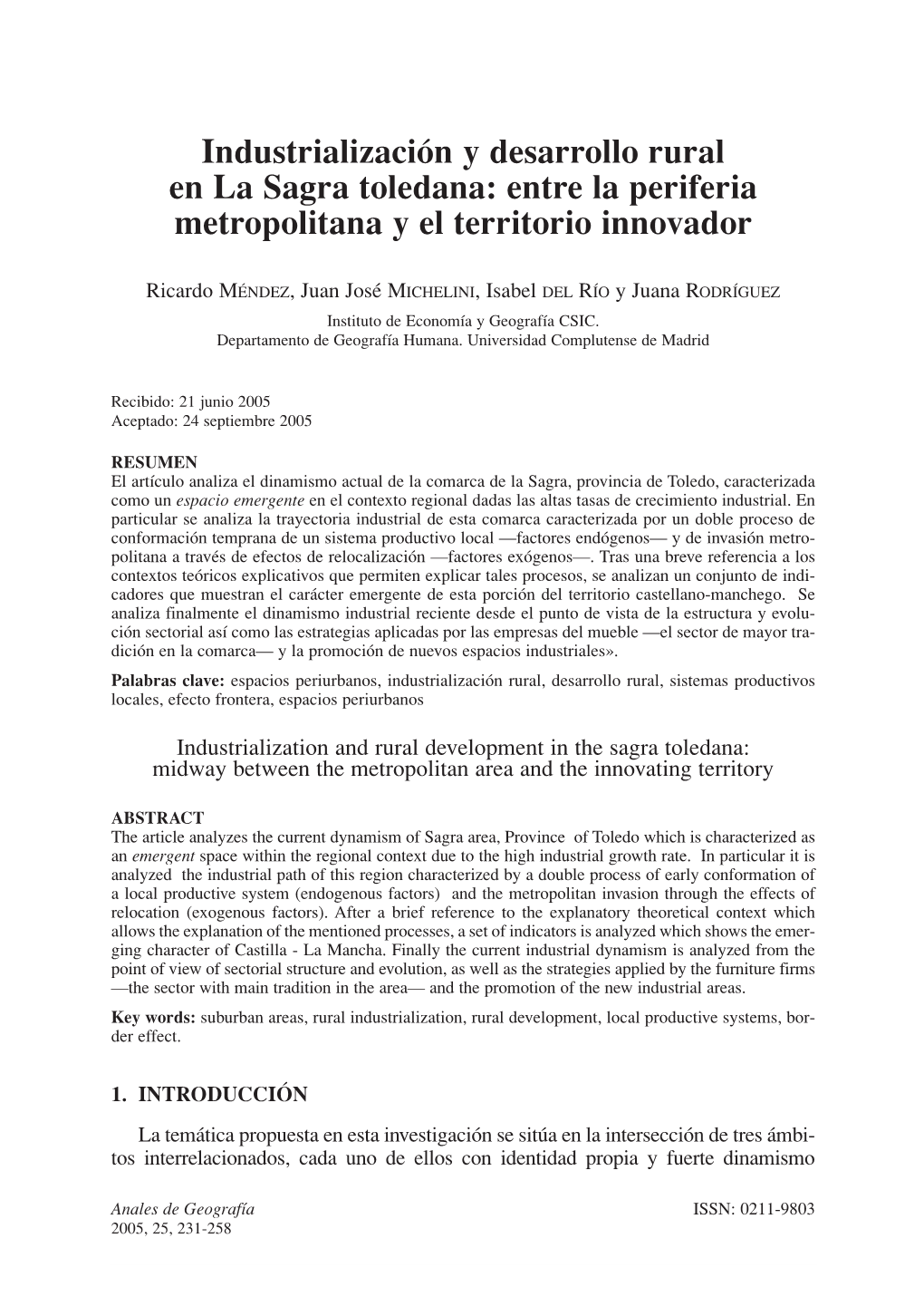 Industrialización Y Desarrollo Rural En La Sagra Toledana: Entre La Periferia Metropolitana Y El Territorio Innovador