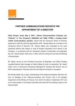 Partner Communications Reports the Appointment of a Director