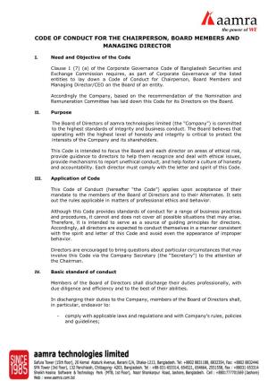 Code of Conduct for the Chairperson, Board Members and Managing Director