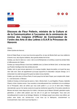 Discours De Fleur Pellerin, Ministre De La Culture Et De La Communication