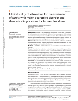 Clinical Utility of Vilazodone for the Treatment of Adults with Major Depressive Disorder and Theoretical Implications for Future Clinical Use