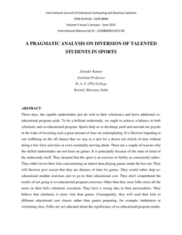 A Pragmatic Analysis on Diversion of Talented Students in Sports