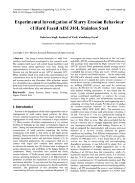 Experimental Investigation of Slurry Erosion Behaviour of Hard Faced AISI 316L Stainless Steel