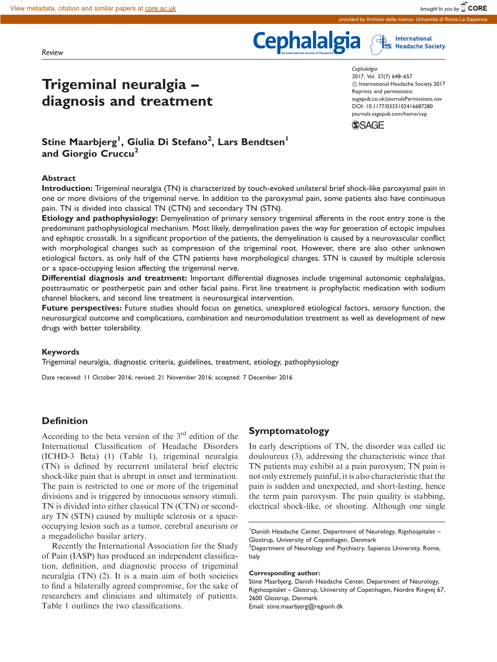 Trigeminal Neuralgia – Diagnosis and Treatment