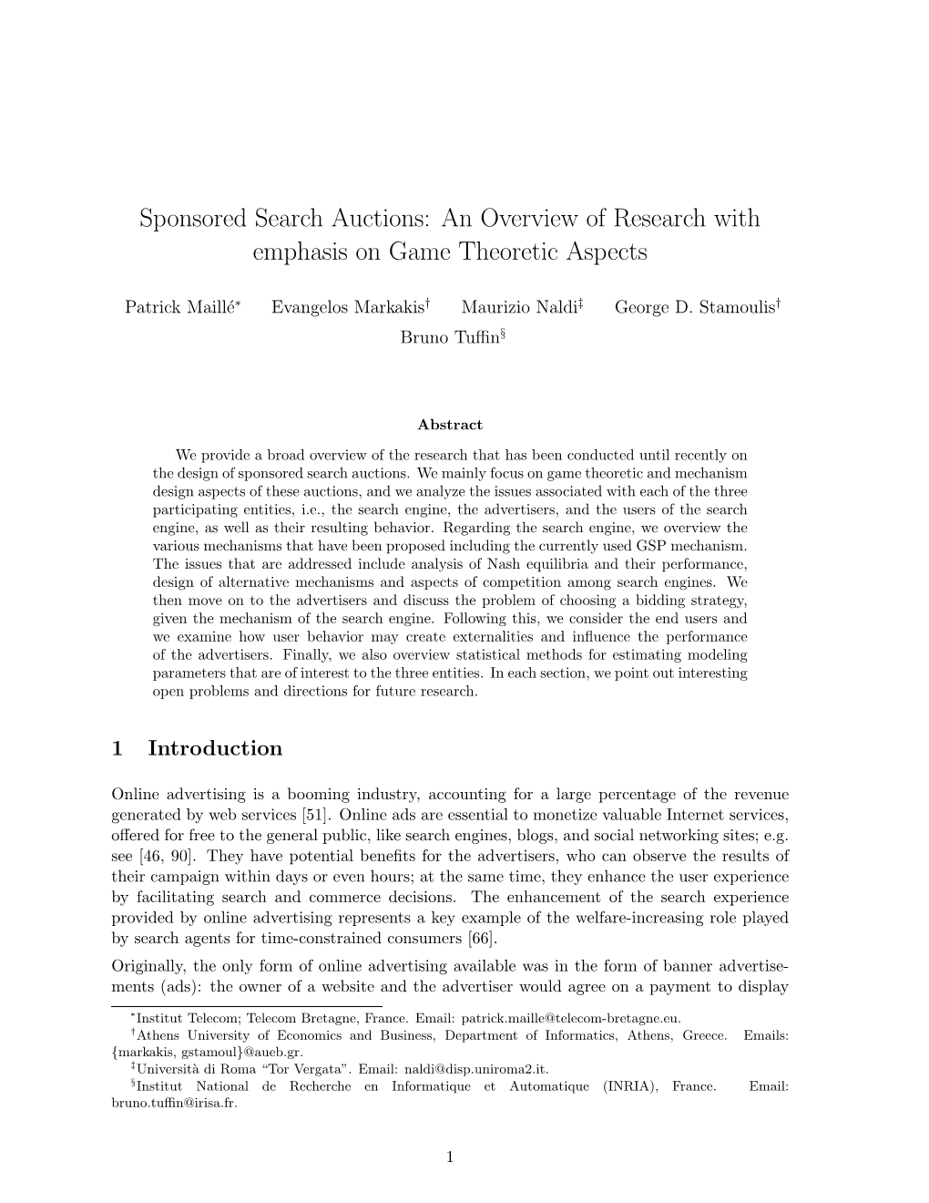 Sponsored Search Auctions: an Overview of Research with Emphasis on Game Theoretic Aspects