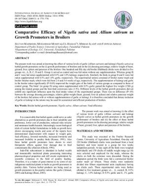 Comparative Efficacy of Nigella Sativa and Allium Sativum As Growth Promoters in Broilers