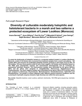 Diversity of Culturable Moderately Halophilic and Halotolerant Bacteria in a Marsh and Two Salterns a Protected Ecosystem of Lower Loukkos (Morocco)