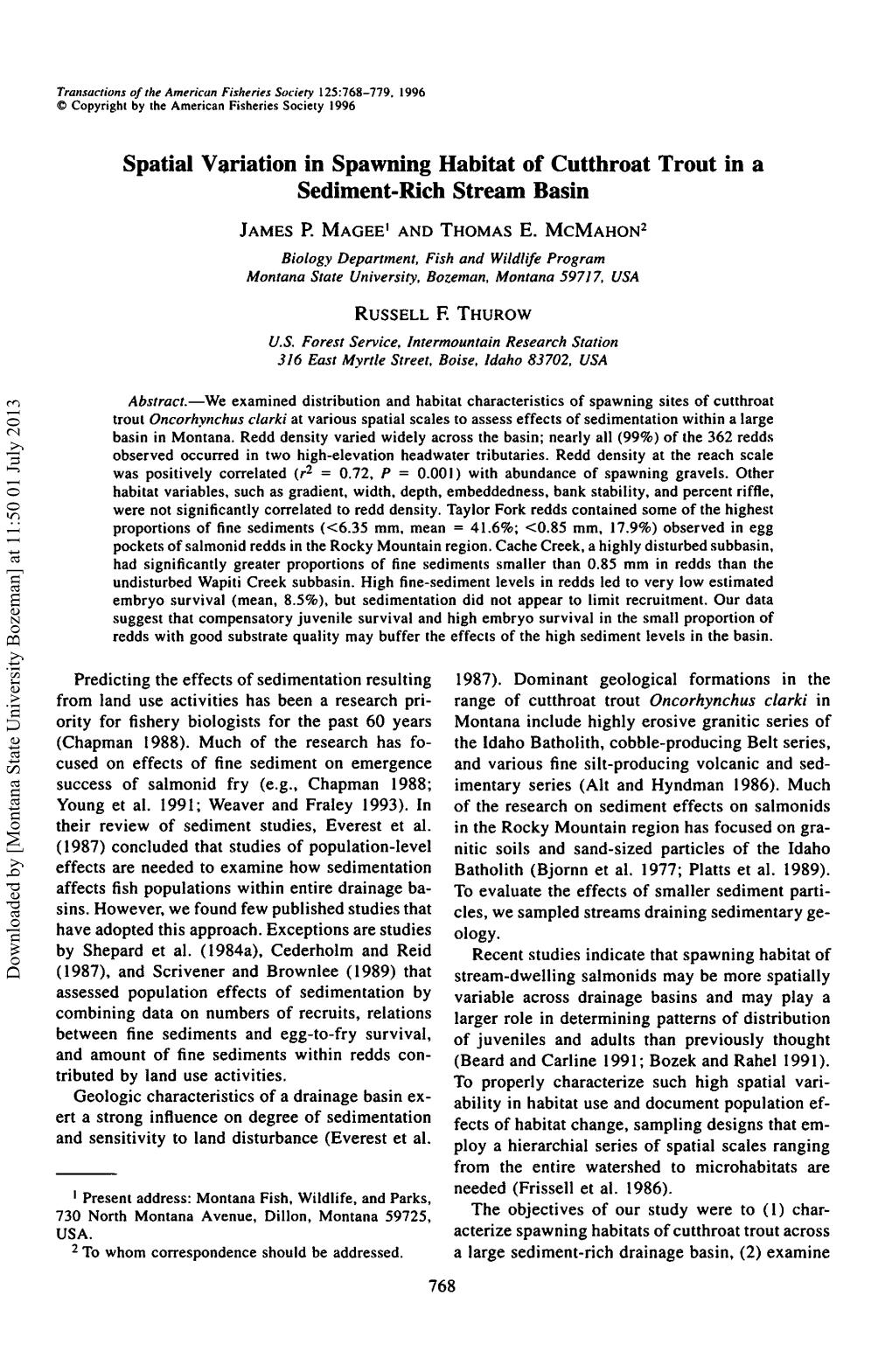 Spatial Variation in Spawning Habitat of Cutthroat Trout in a Sediment