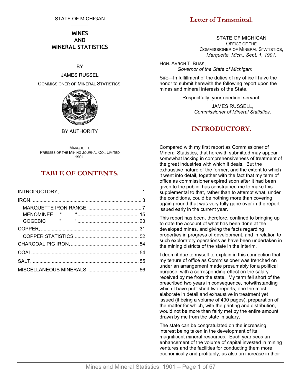 TABLE of CONTENTS. Letter of Transmittal. INTRODUCTORY