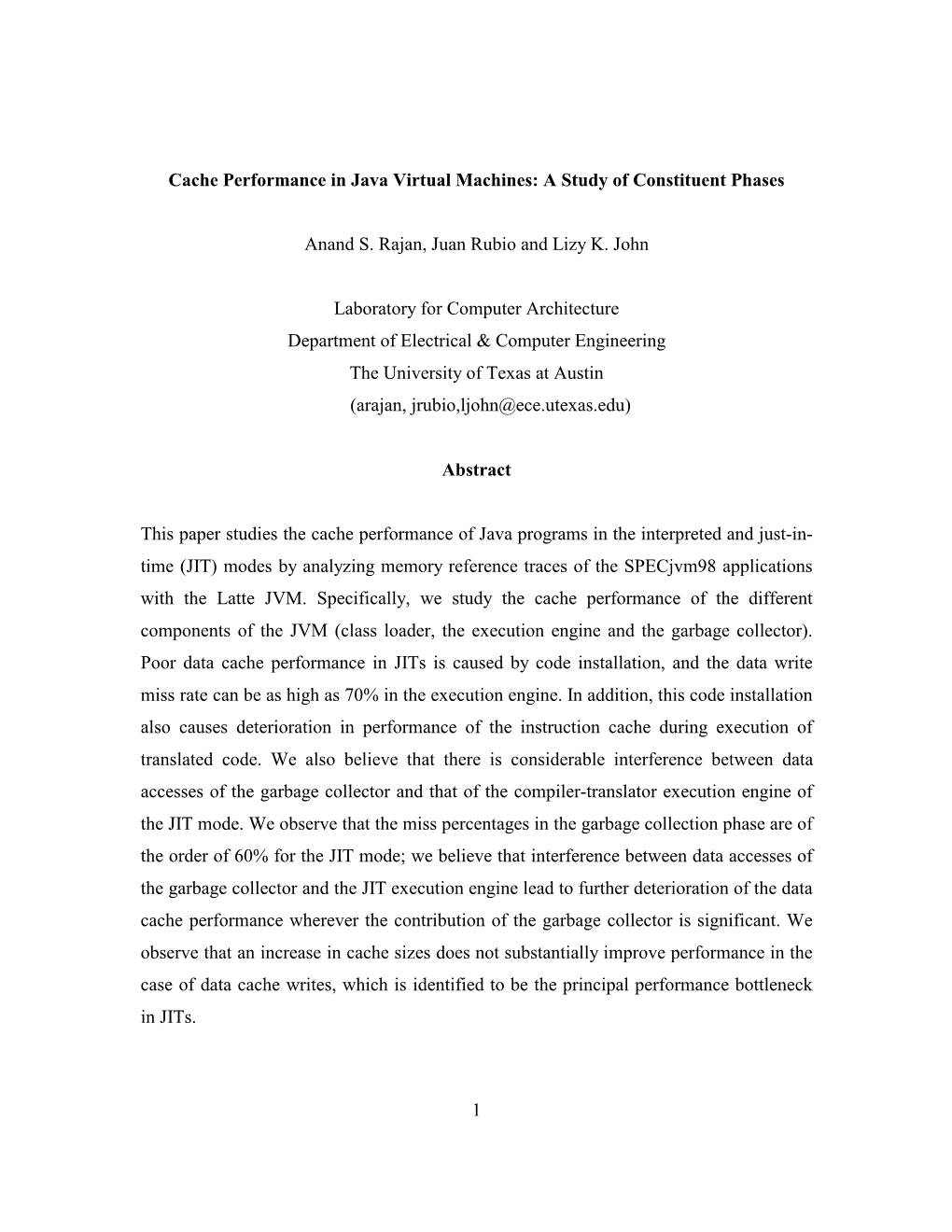 A Study of Cache Performance in Java Virtual Machines, the University of Texas at Austin, 2002