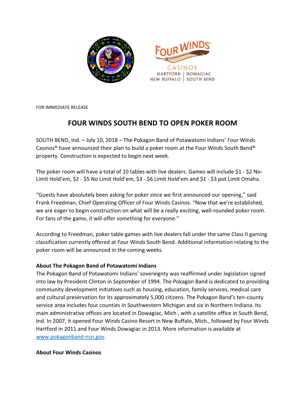 Four Winds South Bend to Open Poker Room