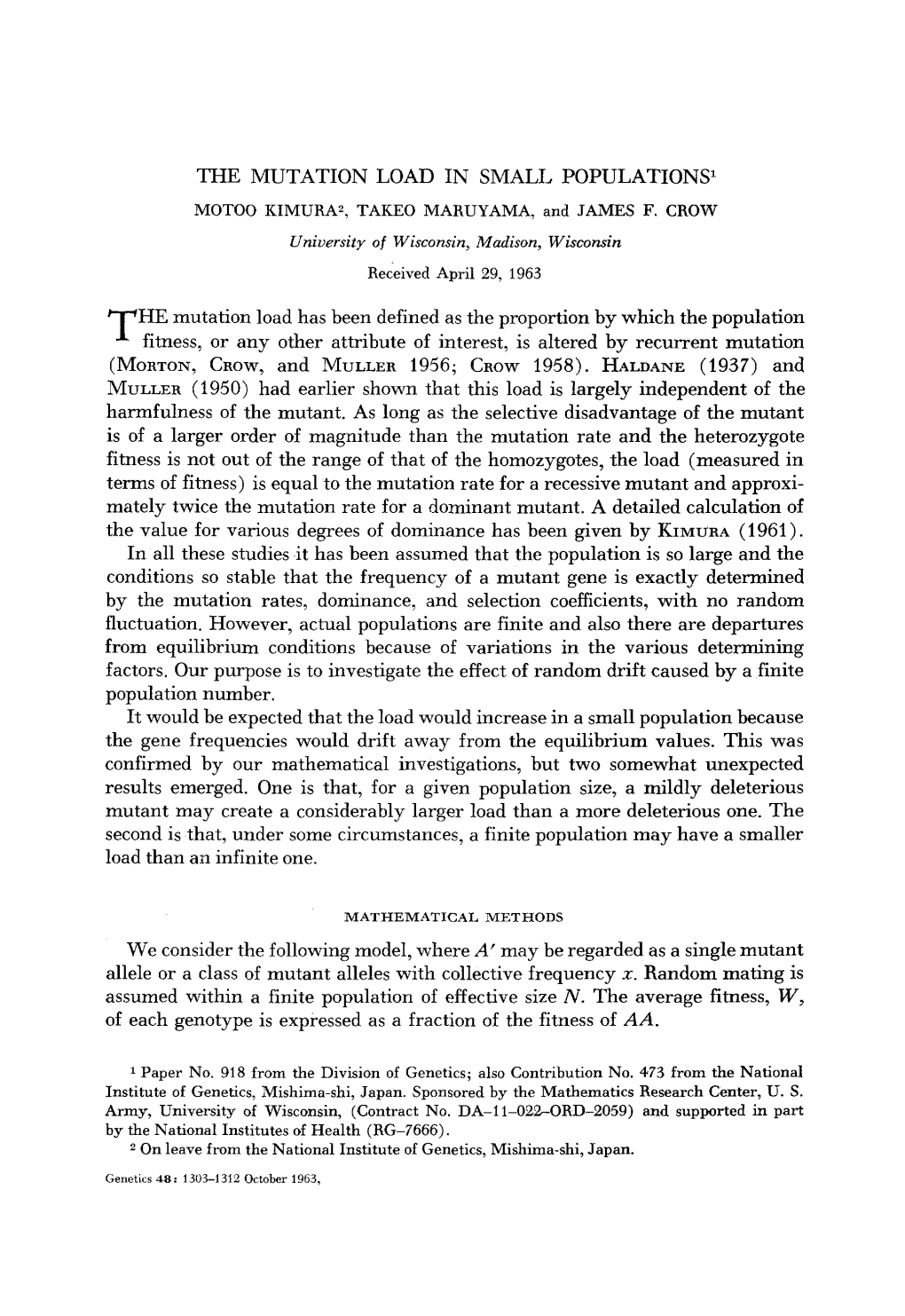 THE MUTATION LOAD in SMALL POPULATIONS HE Mutation Load