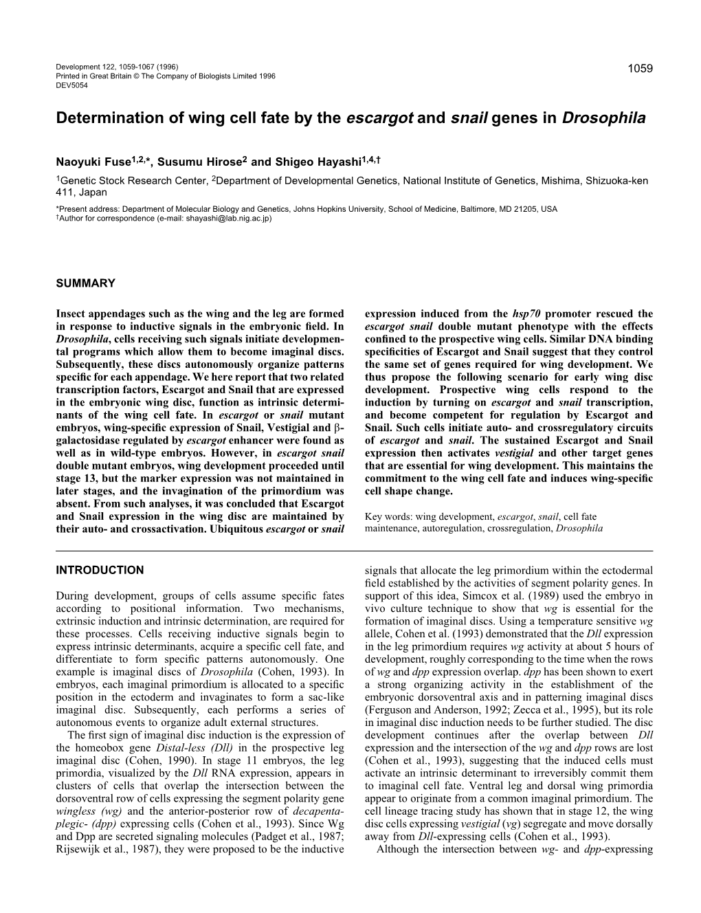 Determination of Wing Cell Fate by the Escargot and Snail Genes in Drosophila