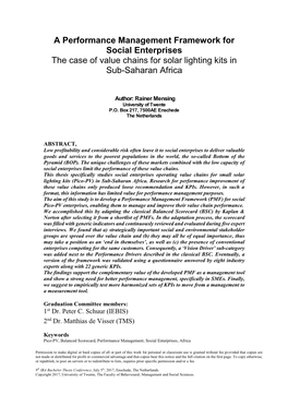 A Performance Management Framework for Social Enterprises the Case of Value Chains for Solar Lighting Kits in Sub-Saharan Africa