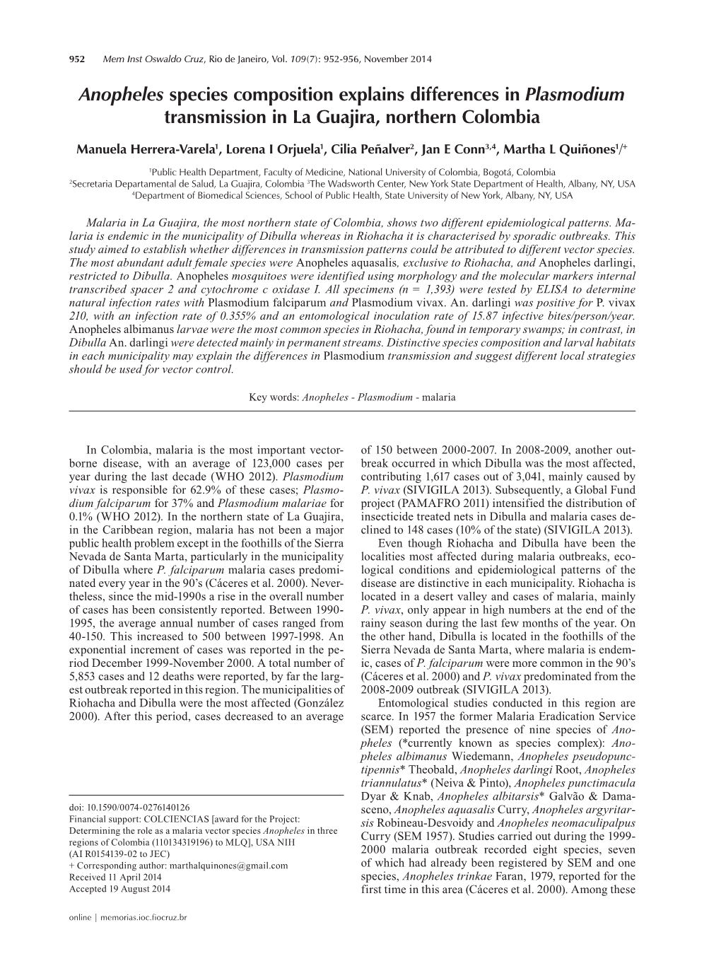 Anopheles Species Composition Explains Differences in Plasmodium Transmission in La Guajira, Northern Colombia