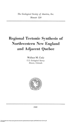 Regional Tectonic Synthesis of Northwestern New England and Adjacent Quebec