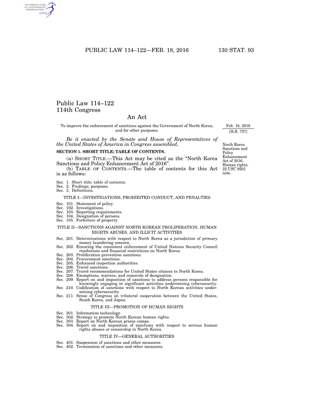 Public Law 114–122 114Th Congress an Act to Improve the Enforcement of Sanctions Against the Government of North Korea, Feb