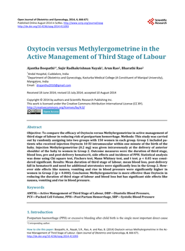 Oxytocin Versus Methylergometrine in the Active Management of Third Stage of Labour