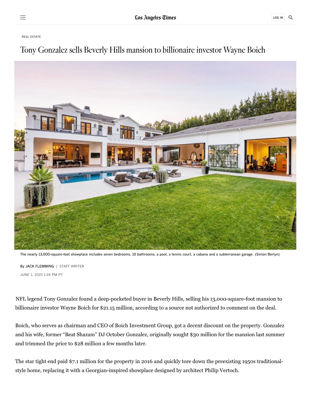 Tony Gonzalez Sells Beverly Hills Mansion to Billionaire Investor Wayne Boich