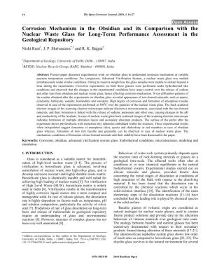 Corrosion Mechanism in the Obsidian and Its Comparison with the Nuclear Waste Glass for Long-Term Performance Assessment in the Geological Repository Nishi Rani1, J