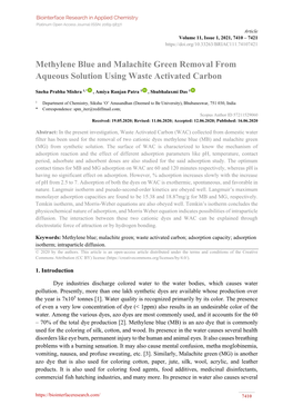 Methylene Blue and Malachite Green Removal from Aqueous Solution Using Waste Activated Carbon
