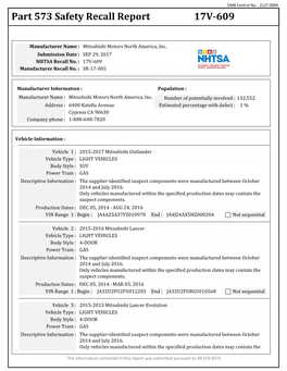 Part 573 Safety Recall Report 17V-609