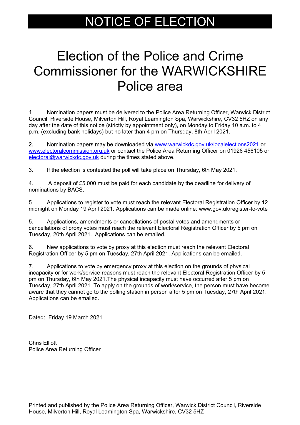 Election of the Police and Crime Commissioner for the WARWICKSHIRE Police Area