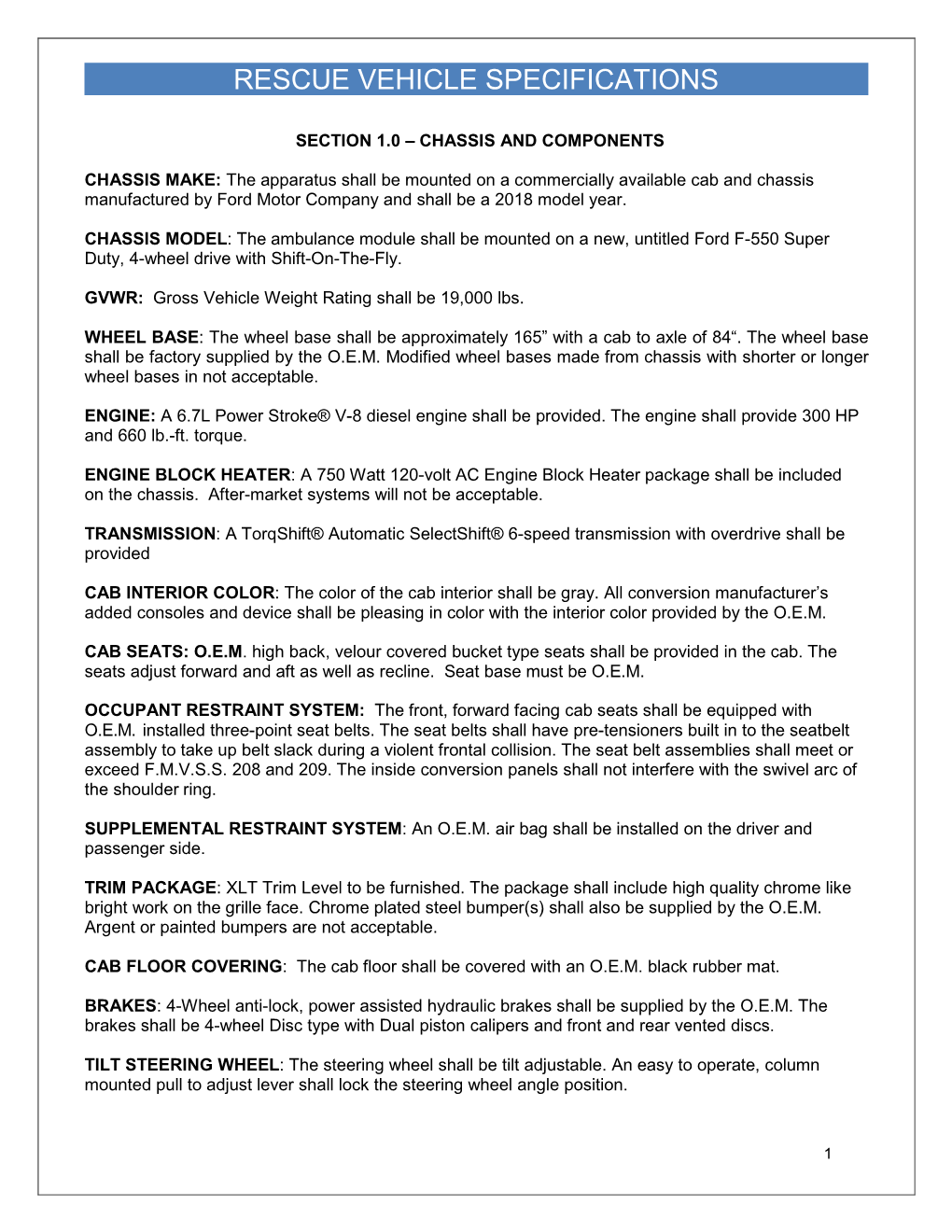 Rescue Vehicle Specifications