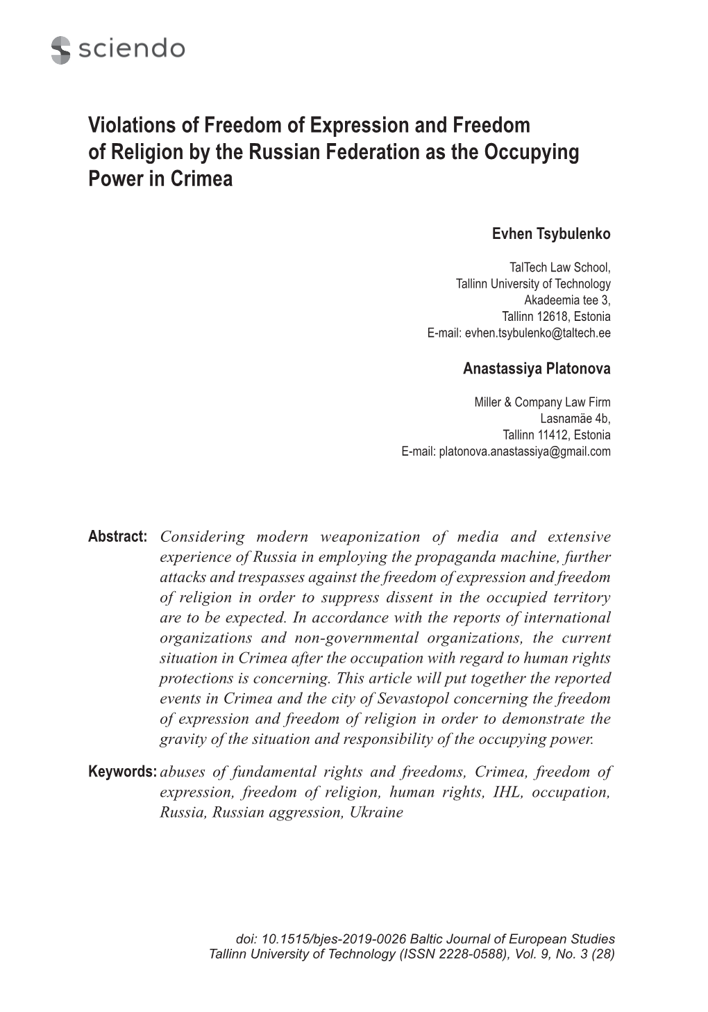 Violations of Freedom of Expression and Freedom of Religion by the Russian Federation As the Occupying Power in Crimea