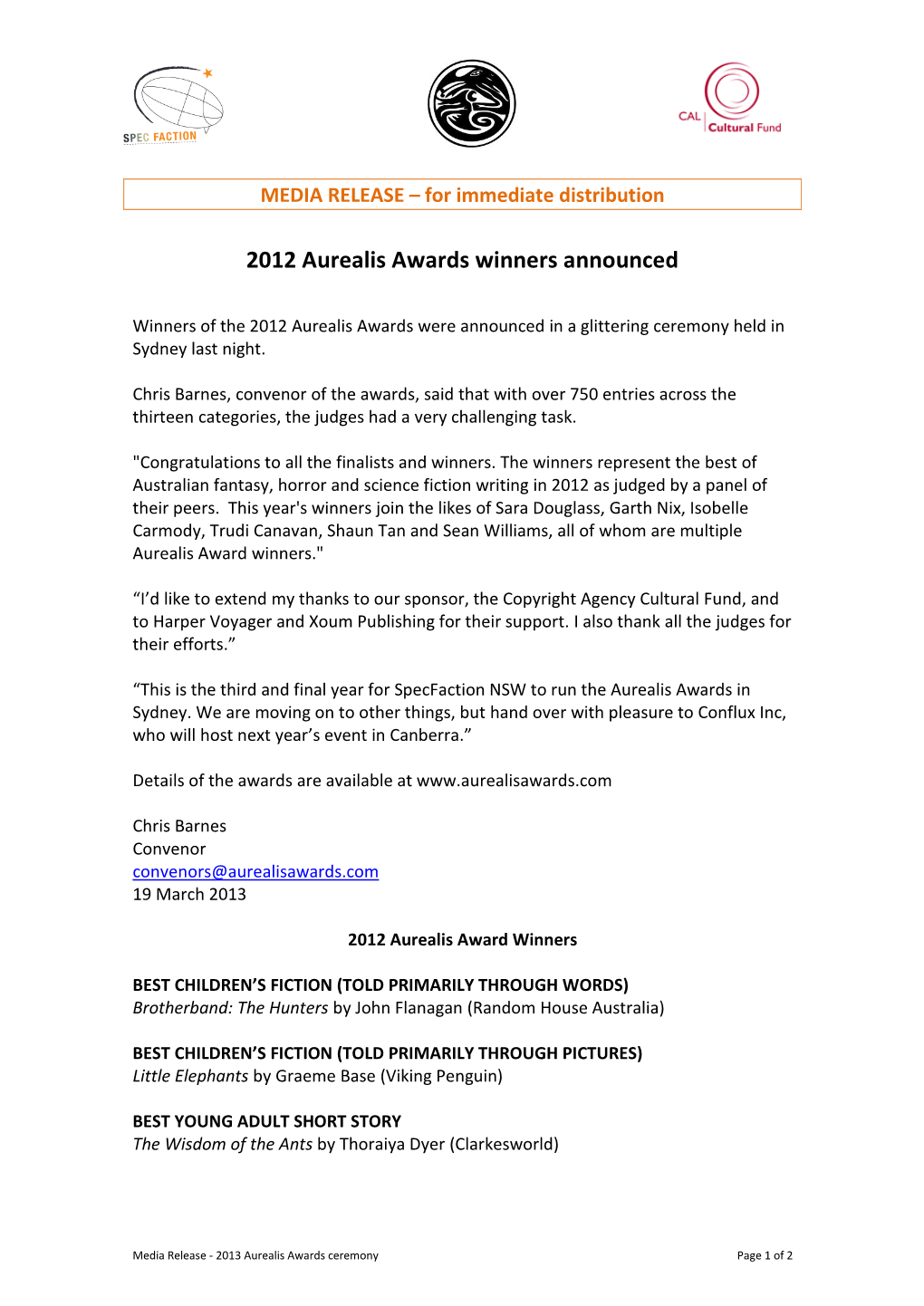 2012 Aurealis Awards Winners Announced