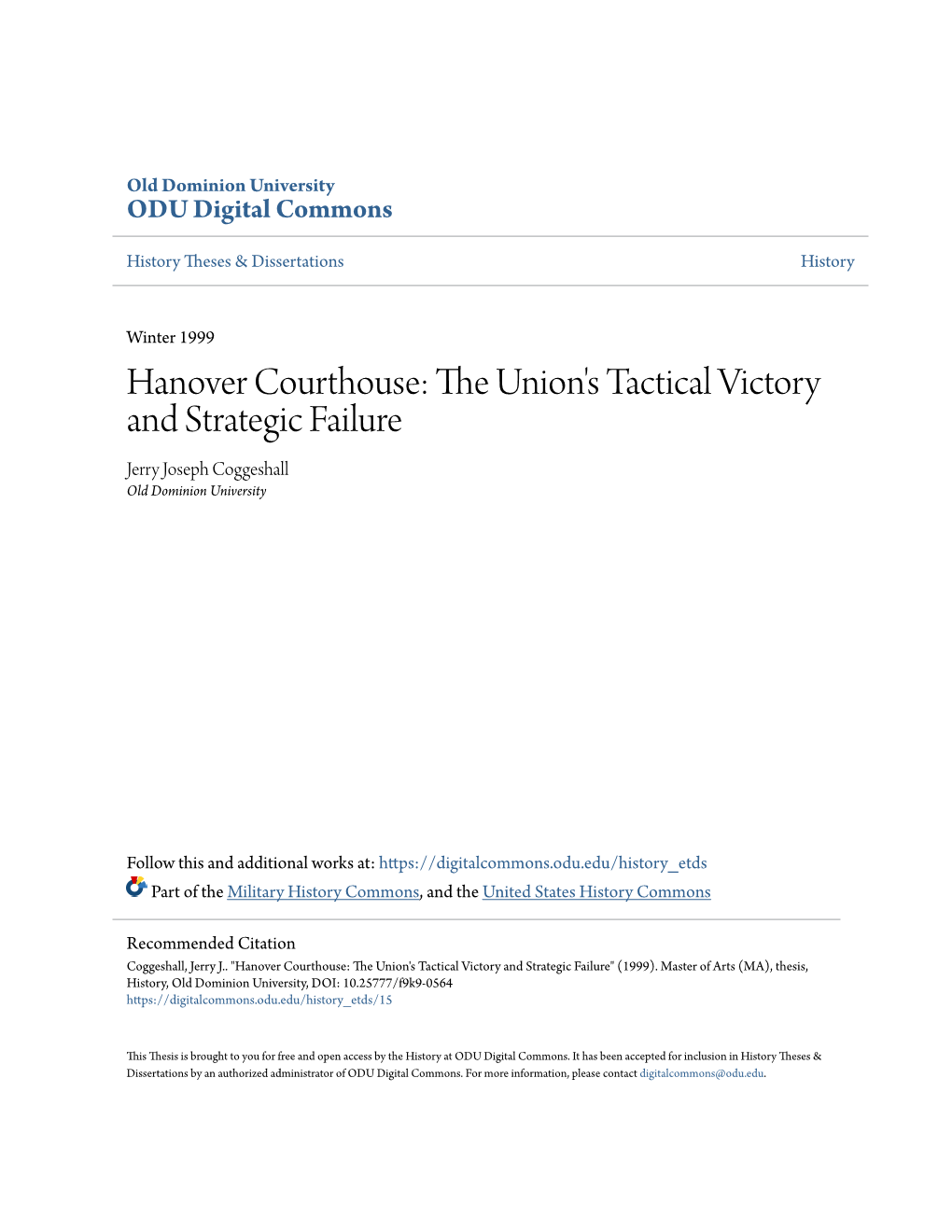 Hanover Courthouse: the Nionu 'S Tactical Victory and Strategic Failure Jerry Joseph Coggeshall Old Dominion University