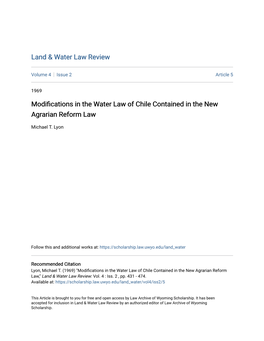 Modifications in the Water Law of Chile Contained in the New Agra University of Wyoming College of Law LAND and WATER LAW REVIEW