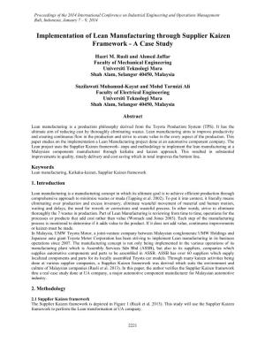 Implementation of Lean Manufacturing Through Supplier Kaizen Framework - a Case Study