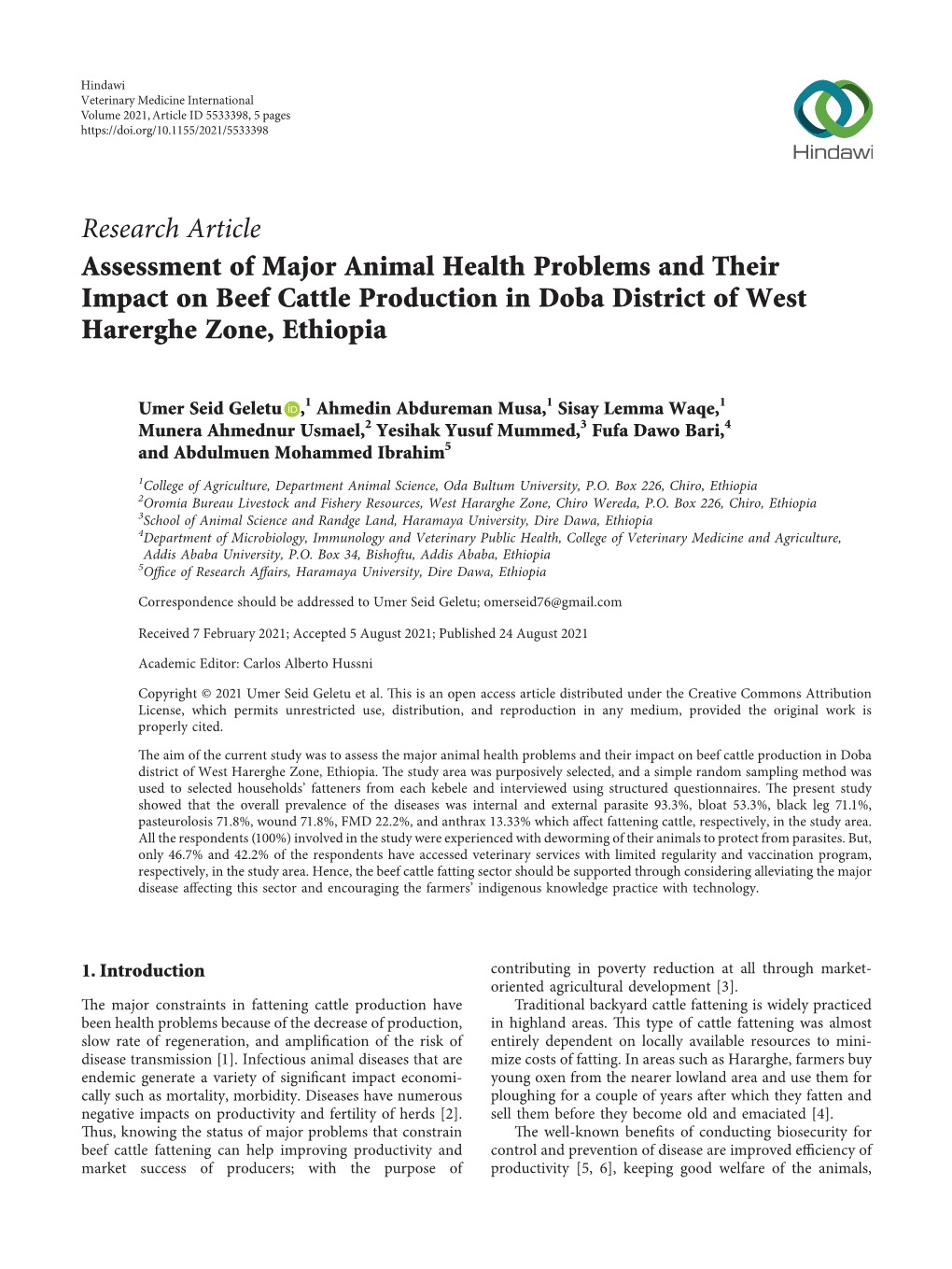 Research Article Assessment of Major Animal Health Problems and Their Impact on Beef Cattle