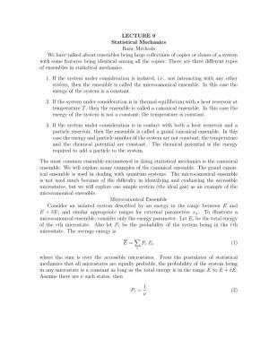 LECTURE 9 Statistical Mechanics Basic Methods We Have Talked