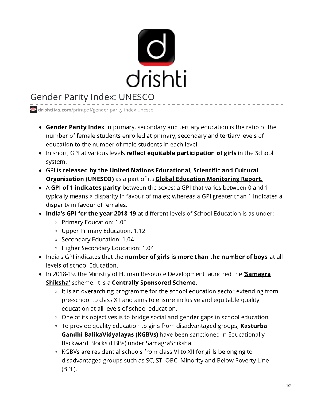 Gender Parity Index: UNESCO