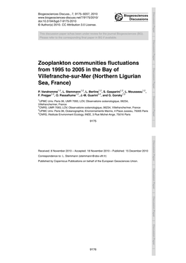 Zooplankton Communities Fluctuations from 1995 to 2005 in the Bay of Villefranche-Sur-Mer (Northern Ligurian Sea, France)