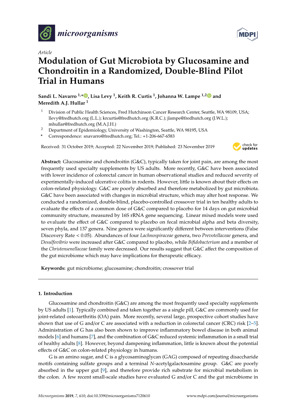 Modulation of Gut Microbiota by Glucosamine and Chondroitin in a Randomized, Double-Blind Pilot Trial in Humans