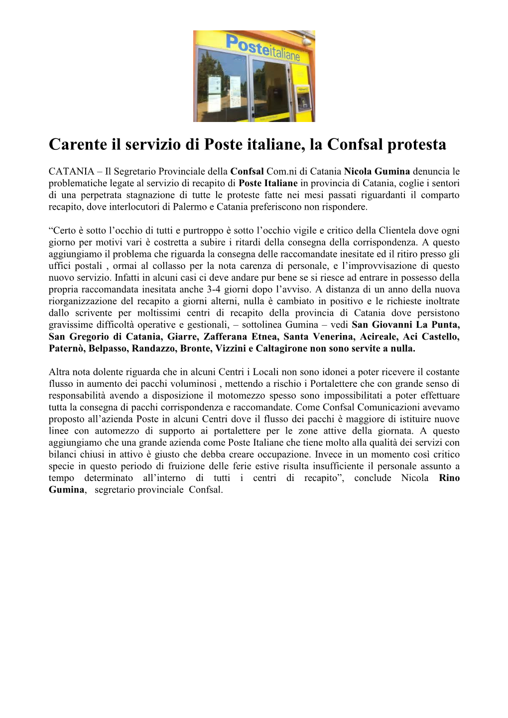 Carente Il Servizio Di Poste Italiane, La Confsal Protesta