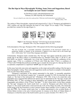 The Bat Sign in Maya Hieroglyphic Writing: Some Notes and Suggestions, Based on Examples on Late Classic Ceramics