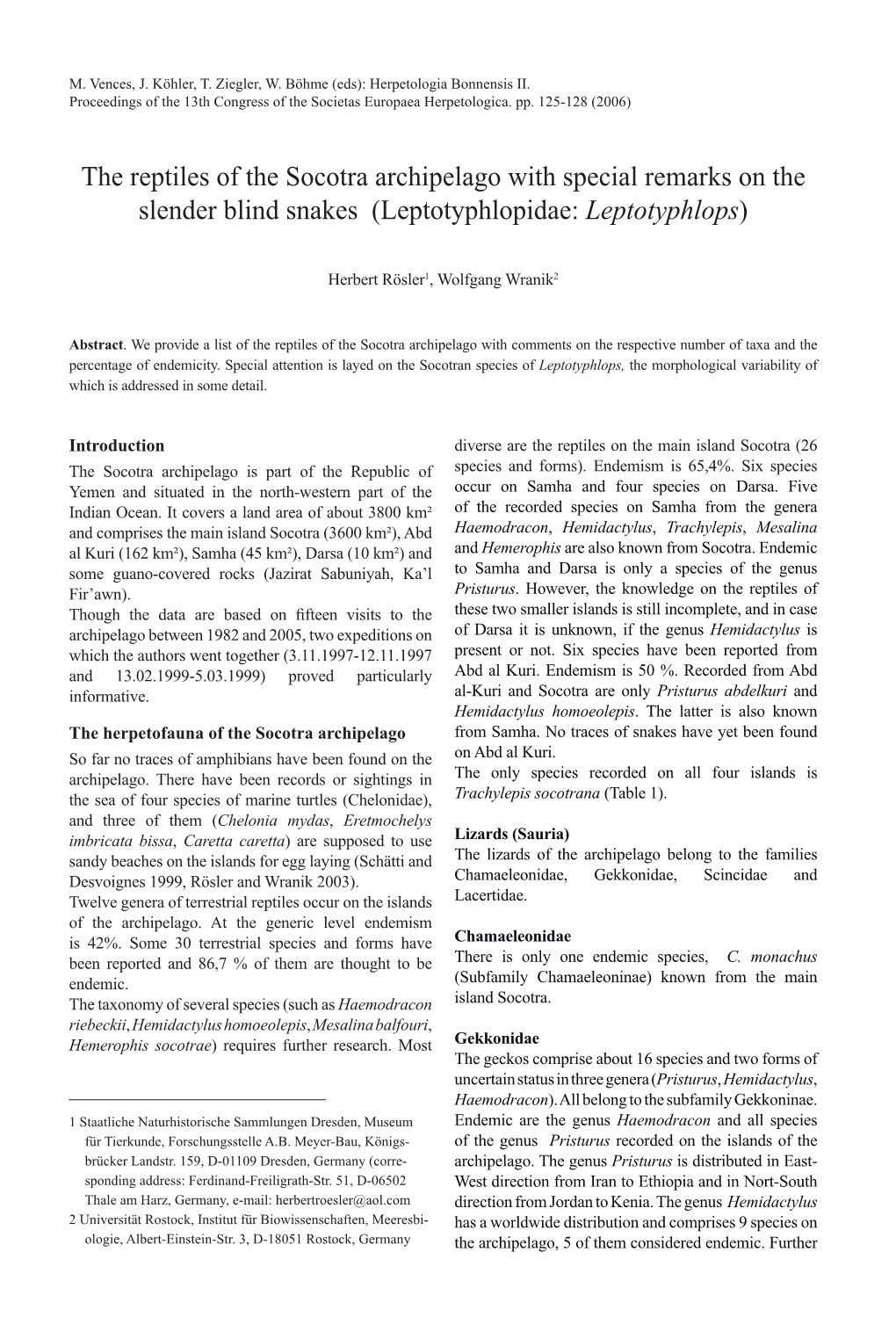 The Reptiles of the Socotra Archipelago with Special Remarks on the Slender Blind Snakes (Leptotyphlopidae: Leptotyphlops)