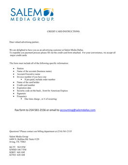 CREDIT CARD AUTHORIZATION FORM Please Select Station: KLTY KSKY KWRD KTNO Fax Back to 214-561-2156 Or Email to Accounting@Salemdallas.Com